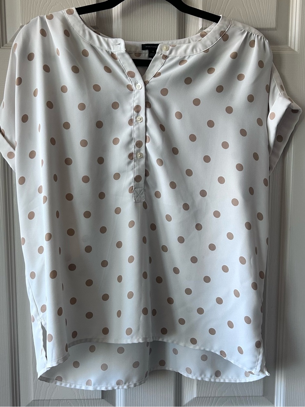 Ann Taylor White Blouse with Beige Polka Dots, Medium, Flowy